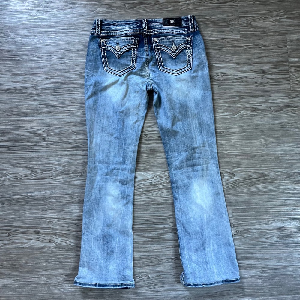 Miss Me Chloe Bootcut Jeans Blue Medium Wash Embellished Thick Stitch Size 32